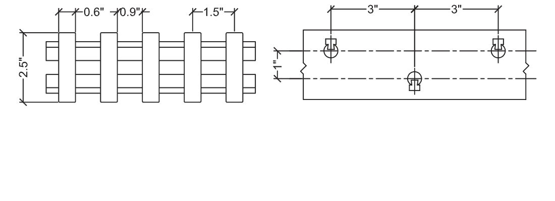 Technical illustration of heavy duty FRP pultruded grating bearing bar, 25-60.
