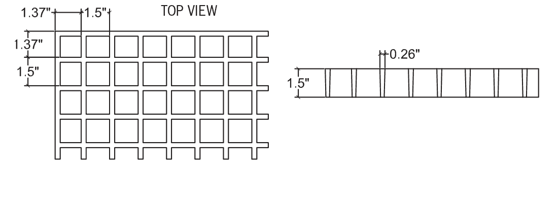 Technical illustration of structural fiberglass 1 1/2 X 1 1/2 X 1 1 /2 inch square grid grating.
