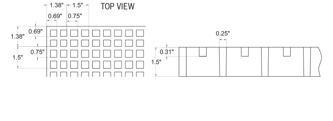 Technical illustration of 1 1/2 X 3/4 X 3/4 inch FRP square grid grating.