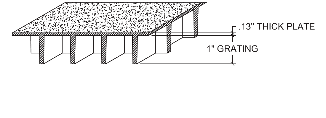 Technical illustration of 1 1/8 X 1 1/2 X 1 1 /2 inch Fiberglass Reinforced Polymer square grid grating.