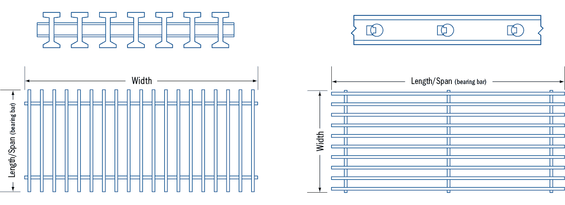 Technical illustration of the standard dimensions of PROGrate pultruded FRP grating.