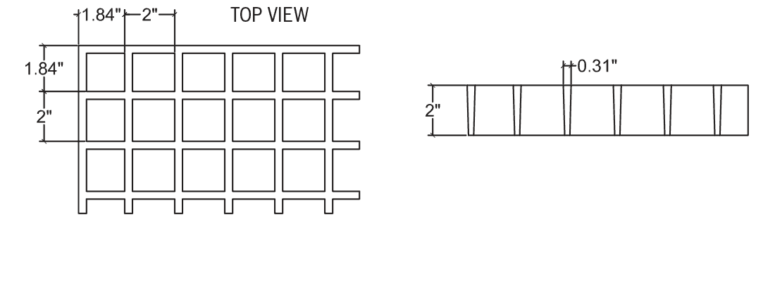 Technical illustration of 2 X 2 X 2 inch structural fiberglass square grid grating.