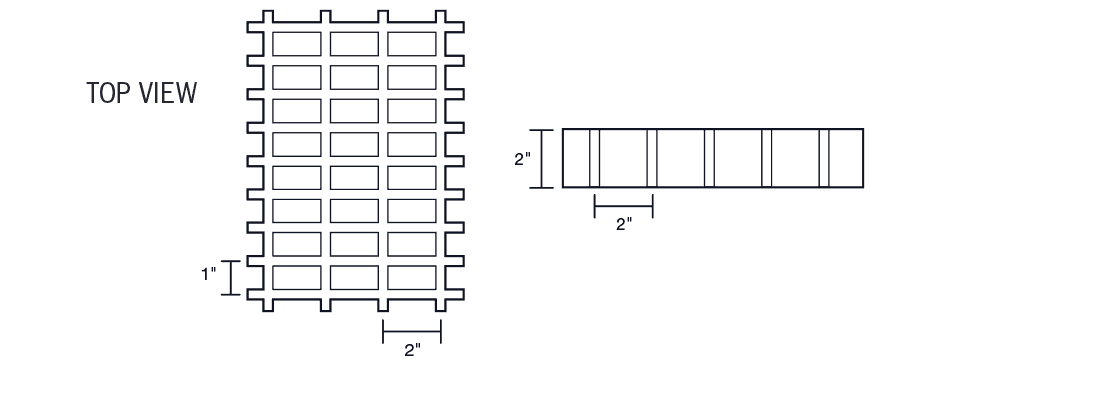 Technical illustration of 2 X 1 X 2 inch high load capacity FRP molded grating.
