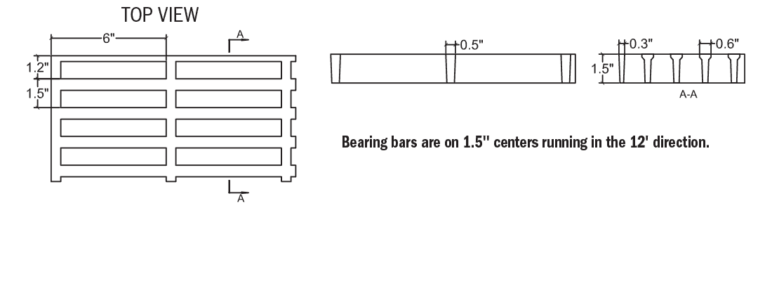 Technical illustration of 1 1/2 X 1 1/2 X 6 inch structural fiberglass rectangular grid grating.
