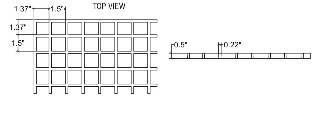 Technical illustration of 1/2 X 1 1/2 X 1 1/2 inch Fiberglass Reinforced Plastic square grid grating.