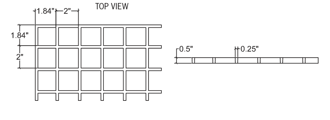 Technical illustration of 1 1/2 X 2 X 2 inch structural fiberglass square grid grating.