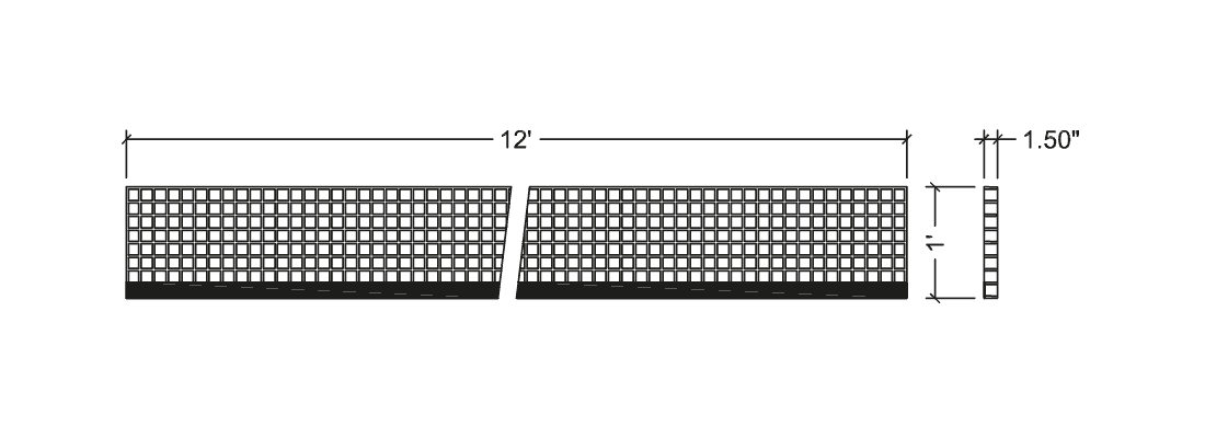Technical illustration of 1 1/2 X 1 1/2 X 1 1 /2 inch PROGrid structural fiberglass molded stair tread, 12 X 144 ft.