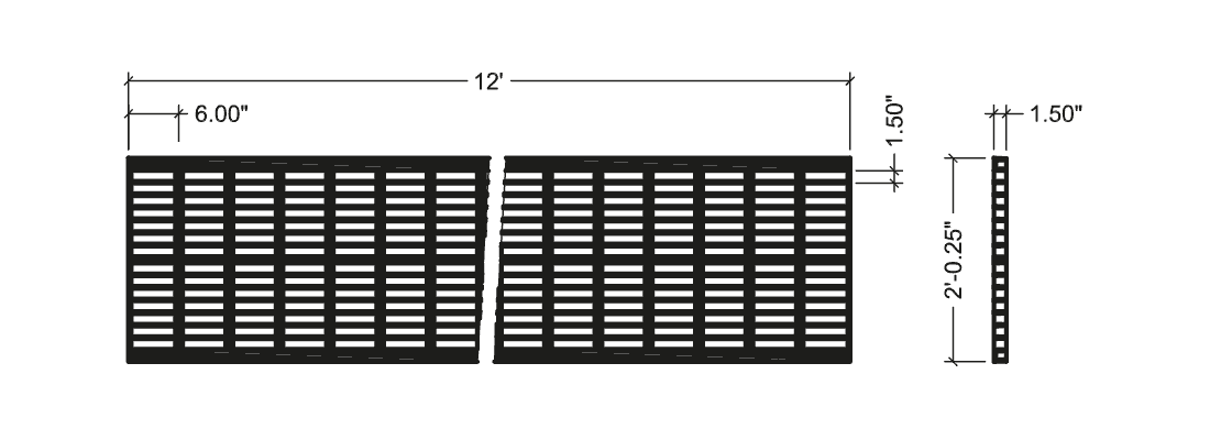 Technical illustration of 1 1/2 X 1 1/2 X 6 inch PROGrid FRP molded stair tread.