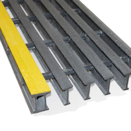Image of yellow and grey T 20-50 Fiberglass Reinforced Plastic stair tread.