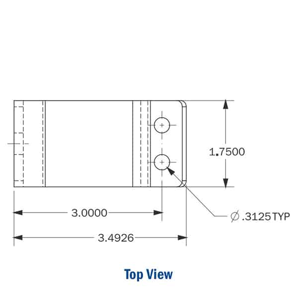 Technical illustration of the top view of a handrail bracket. 