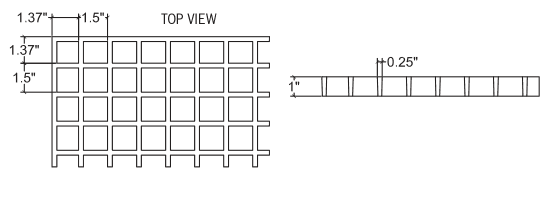 Technical illustration of 1 X 1 1/2 X 1 1 /2 inch structural fiberglass square grid grating.
