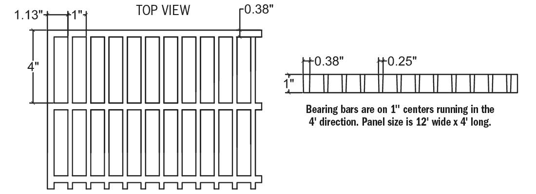 Technical illustration of 1 X 1 X 4 inch FRP rectangular grid grating.