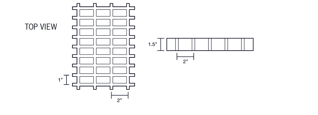 Technical illustration of 1 1/2 X 1 X 2 inch high load capacity structural fiberglass molded grating.