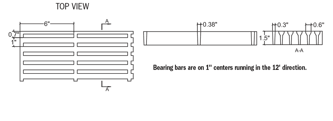 Technical illustration of 1 1/2 X 1 X 6 inch FRP rectangular grid grating.