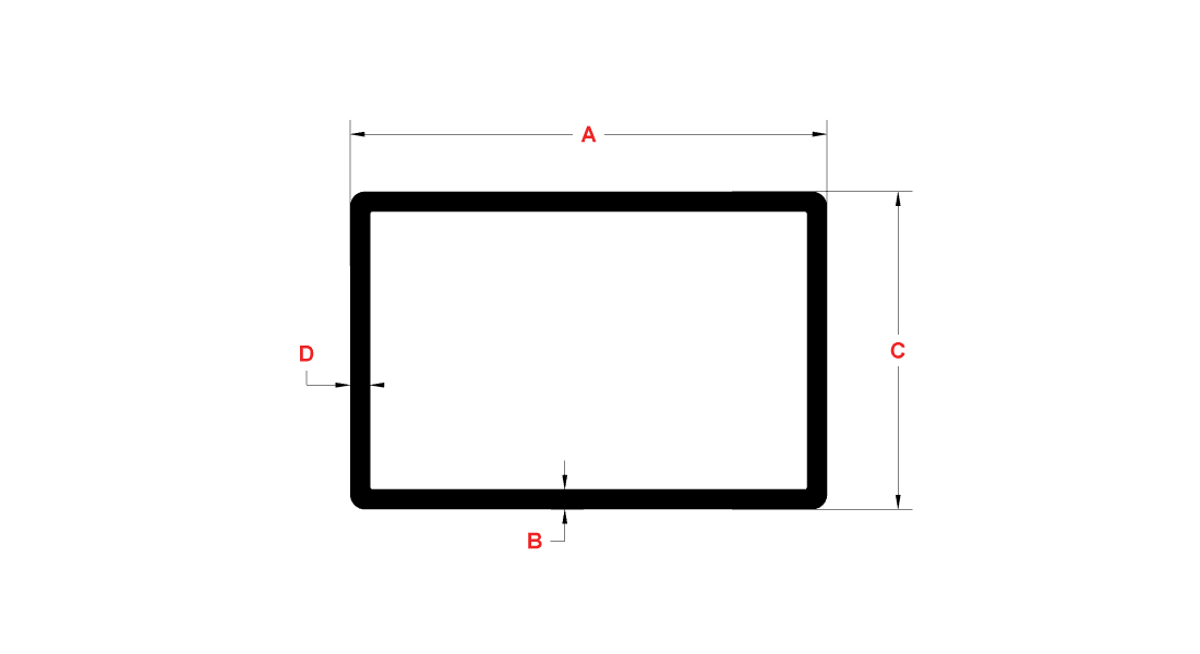 Size chart for a structural fiberglass rectangular tube.