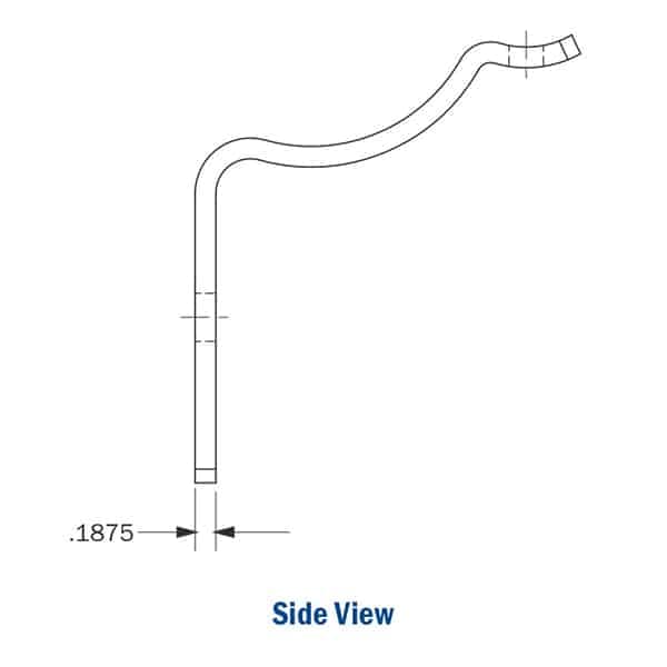 Technical illustration of the side view of a handrail bracket. 