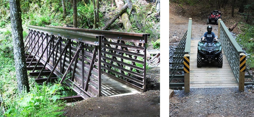 readyspan fiberglass trail bridges with an ATV crossing one