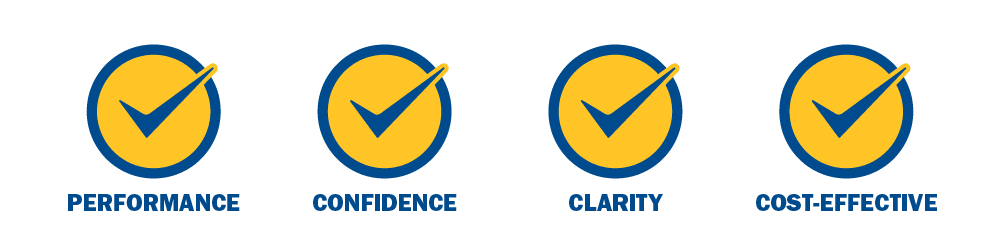 Four blue checkmarks inside of yellow circles showing that Bedford offers Performance, Confidence, Clarity & is cost-effective.