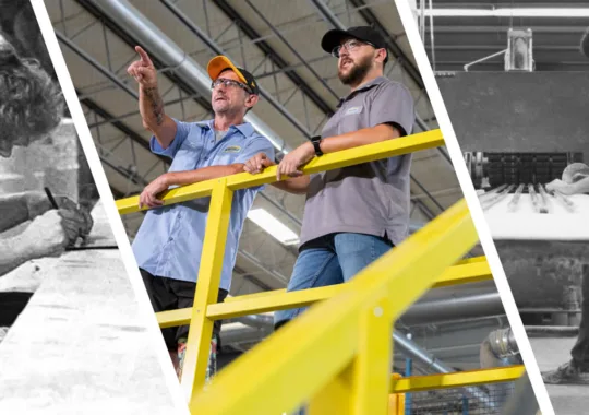 Three old and new images of Bedford employees working inside a facility