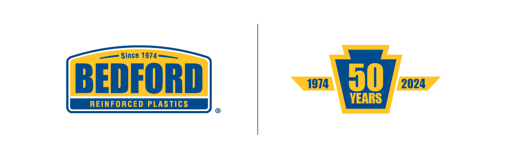Bedford business logo on the left side and the Bedford 50-year logo on the right side.