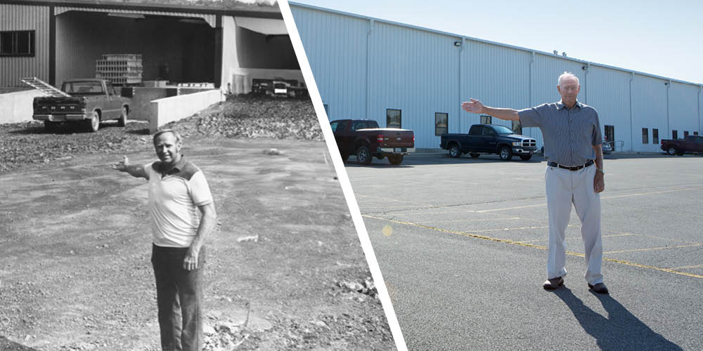 Older photo of a man standing in front of a manufacturing building next to a modern photo of a man in front of today's facilities.