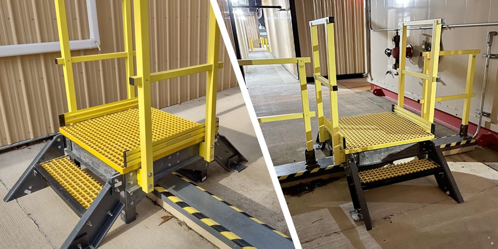 Split image of safety crossing bridge with yellow ReadyPlatform, ReadyStair and ReadyRail products in outside industrial environment.
