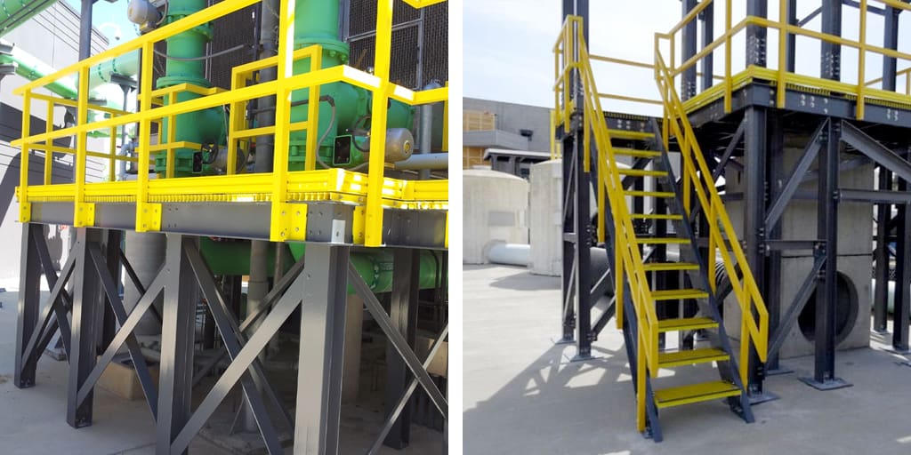 Split image of yellow ReadyPlatform, ReadyRail and ReadtStair products used in industrial settings with green pipes and concrete structures.