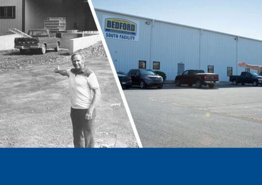 Two pictures of Mel Stahl standing in front of the Bedford facilities in 1983 and more recent.