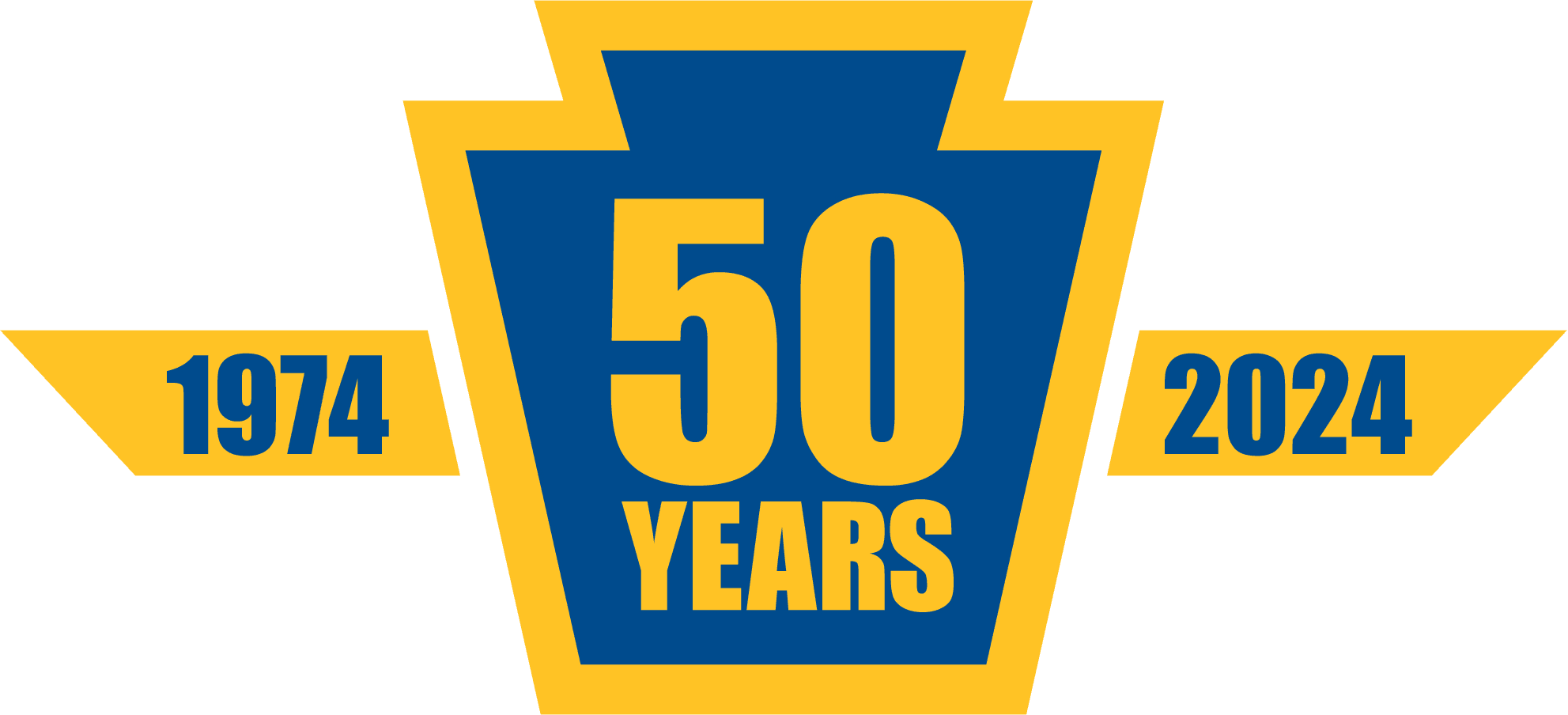 Bedford blue and yellow 50th year anniversary logo with the years 1974 to 2024.