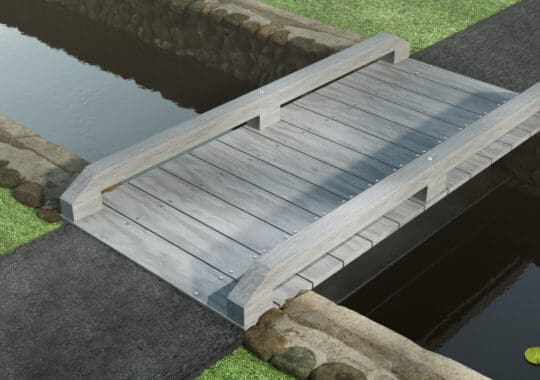 3D rendering of golf course bridge and cart path going over a stone lined creek