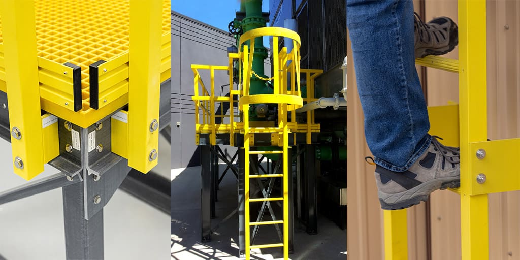 Three images of yellow FRP platforms, railings and ladders