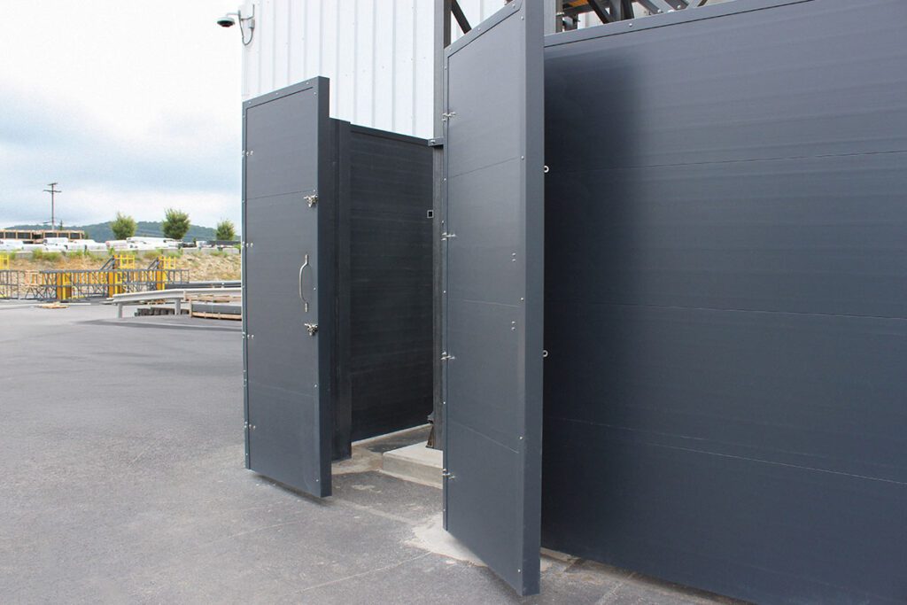 Grey PROSeries FRP screewall close-up with doors open.