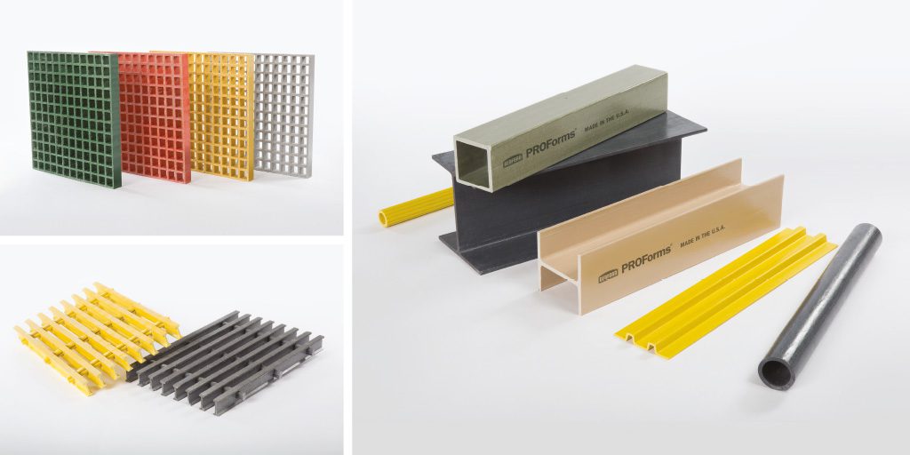 Grid of three images of pultruded grating, molded grating and PROForms structural shapes