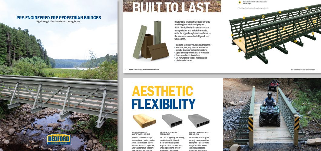 Collage of Pedestrian bridge brochure images, including material info and bridge specs