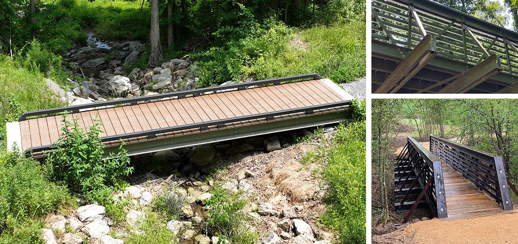 Collage of a golf bridge and two pedestrian bridges