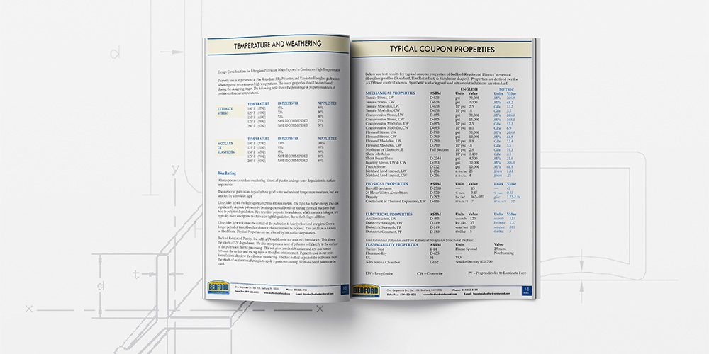 Open book displaying data on temperature, weathering, and coupon properties. Left page features weathering details; right page lists mechanical and electrical properties.